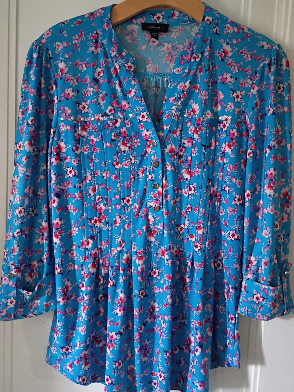 Cocomo Bright Blue Floral Pintuck Blouse with Pink Accents